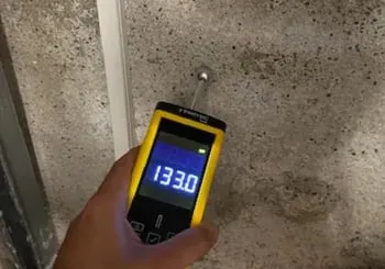 Hand hält gelbes Trotec Feuchtigkeitsmessgerät mit Anzeige "133.0" an einer grauen Wand.